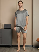 [Donkergrijs] SilkSilky-NL Short Sleeve Round Neck Heren Pyjama Set 005
