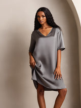 [Donkergrijs] SilkSilky-NL Half Sleeve V Neck Nachthemd 008