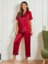 [Donkerrood] SilkSilky-NL Short Sleeve Lapel Collar Dames Pyjama Set 002