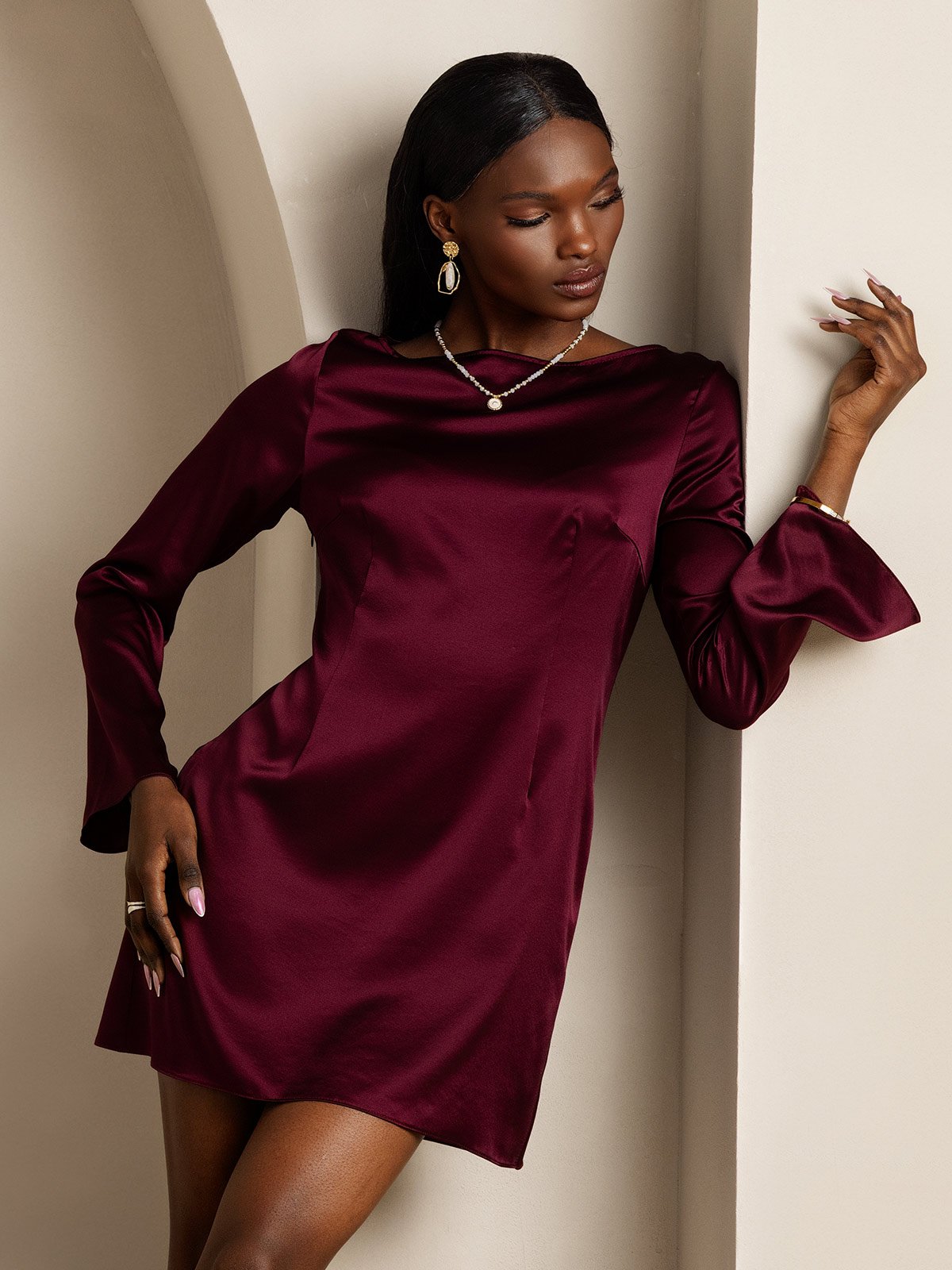 [Donkerrood] SilkSilky-NL Long Sleeve Boat Neck Jurk 001