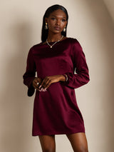[Donkerrood] SilkSilky-NL Long Sleeve Boat Neck Jurk 003