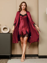 [Donkerrood] SilkSilky-NL 3/4 Sleeve V Neck Nachthemd&Kamerjas Set 001
