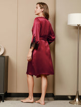 [Donkerrood] SilkSilky-NL 3/4 Sleeve V Neck Nachthemd&Kamerjas Set 004