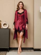 [Donkerrood] SilkSilky-NL 3/4 Sleeve V Neck Nachthemd&Kamerjas Set 005