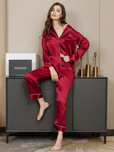 [Donkerrood] SilkSilky-NL Lange Mouw Notchkraag Dames Pyjama Set 002
