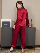 [Donkerrood] SilkSilky-NL Lange Mouw Notchkraag Dames Pyjama Set 003