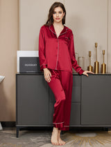 [Donkerrood] SilkSilky-NL Lange Mouw Notchkraag Dames Pyjama Set 004