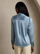 [Grijsachtig Blauw] SilkSilky-NL 19Momme Lange Mouw Strikhals Blouse 002