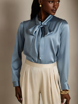 [Grijsachtig Blauw] SilkSilky-NL 19Momme Lange Mouw Strikhals Blouse 003