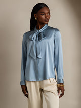 [Grijsachtig Blauw] SilkSilky-NL 19Momme Lange Mouw Strikhals Blouse 006