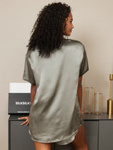 [Grijsachtig Groen] SilkSilky-NL Short Sleeve Round Neck Dames Pyjama Set 002