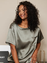 [Grijsachtig Groen] SilkSilky-NL Short Sleeve Round Neck Dames Pyjama Set 003