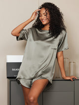 [Grijsachtig Groen] SilkSilky-NL Short Sleeve Round Neck Dames Pyjama Set 004