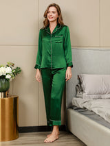 [Groen] SilkSilky-NL Lange Mouw Notchkraag Dames Pyjama Set 004