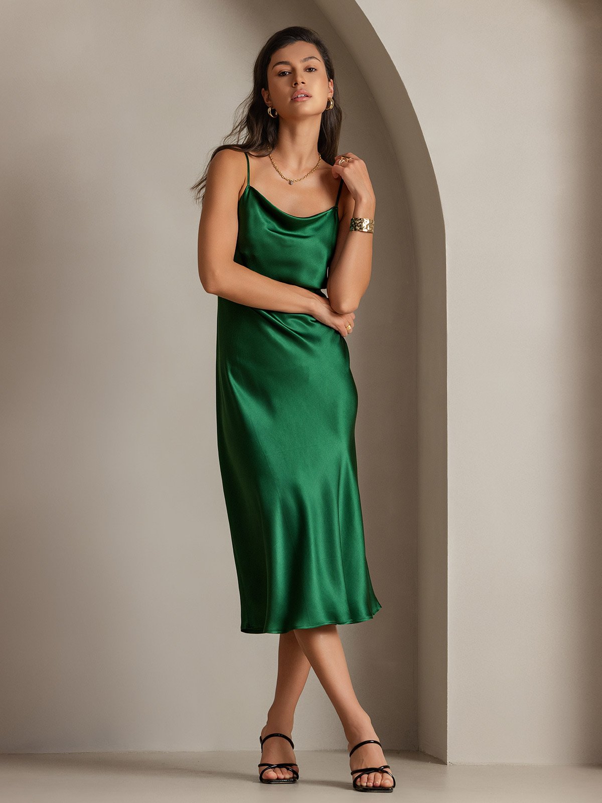 [Groen] SilkSilky-NL Spaghetti Bandjes Waterval Hals Jurk 004