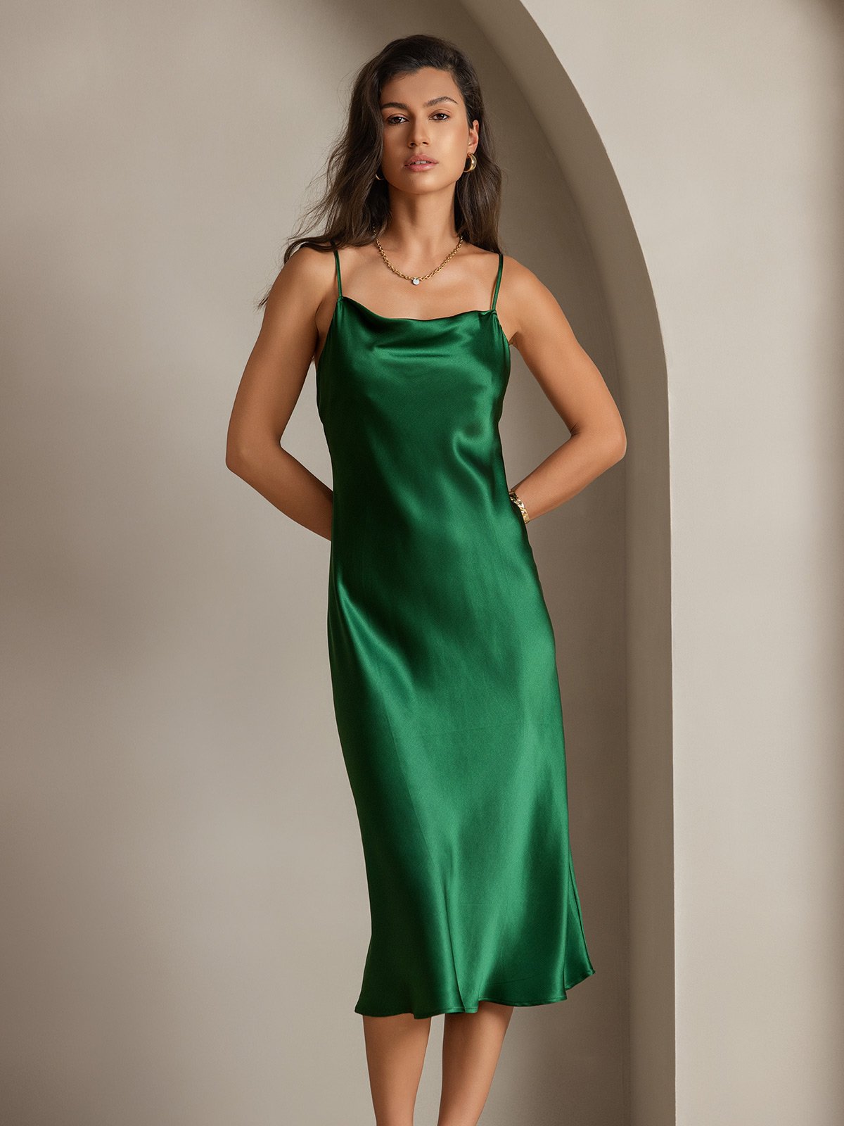 [Groen] SilkSilky-NL Spaghetti Bandjes Waterval Hals Jurk 008