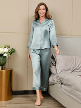 [Lichtblauw] SilkSilky-NL Lange Mouw Notchkraag Dames Pyjama Set 001