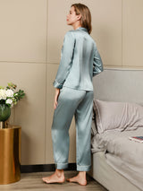 [Lichtblauw] SilkSilky-NL Lange Mouw Notchkraag Dames Pyjama Set 002