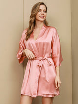 [Roze] SilkSilky-NL 3/4 Mouw V Hals Nachthemd&Kamerjas Set 003