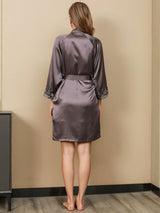 [Paars Grijs] SilkSilky-NL 3/4 Sleeve V Neck Nachthemd&Kamerjas Set 006