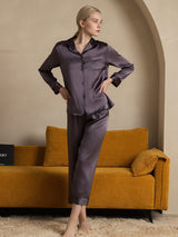 [Paars Grijs] SilkSilky-NL Lange Mouw Notchkraag Dames Pyjama Set 001