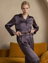 [Paars Grijs] SilkSilky-NL Lange Mouw Notchkraag Dames Pyjama Set 003