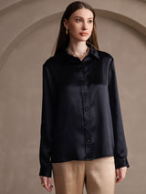 [Zwart] SilkSilky-NL 19Momme Lange Mouw Reverskraag Dames Blouse 001