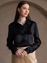 [Zwart] SilkSilky-NL 19Momme Lange Mouw Reverskraag Dames Blouse 002