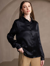 [Zwart] SilkSilky-NL 19Momme Lange Mouw Reverskraag Dames Blouse 003