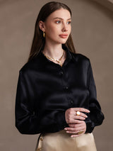 [Zwart] SilkSilky-NL 19Momme Lange Mouw Reverskraag Dames Blouse 004