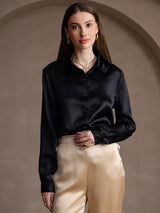 [Zwart] SilkSilky-NL 19Momme Lange Mouw Reverskraag Dames Blouse 005