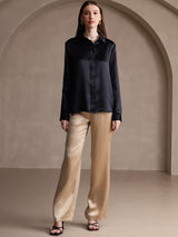 [Zwart] SilkSilky-NL 19Momme Lange Mouw Reverskraag Dames Blouse 007