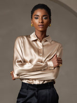 [Champagne] SilkSilky-NL 19Momme Lange Mouw Reverskraag Dames Blouse 001