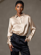 [Champagne] SilkSilky-NL 19Momme Lange Mouw Reverskraag Dames Blouse 006