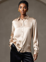 [Champagne] SilkSilky-NL 19Momme Lange Mouw Reverskraag Dames Blouse 007