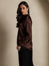 [Koffie] SilkSilky-NL 19Momme Lange Mouw Reverskraag Dames Blouse 004
