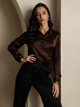[Koffie] SilkSilky-NL 19Momme Lange Mouw Reverskraag Dames Blouse 005