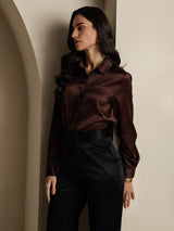 [Koffie] SilkSilky-NL 19Momme Lange Mouw Reverskraag Dames Blouse 006