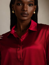 [Wijn] SilkSilky-NL 19Momme Lange Mouw Reverskraag Dames Blouse 008