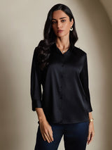 [Zwart] SilkSilky-NL 3/4 Sleeve Lapel Collar Dames Blouse 001