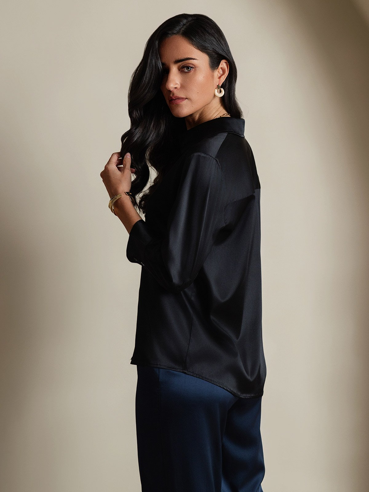 [Zwart] SilkSilky-NL 19Momme Zijde Lange Mouw Womens Shirt 002