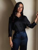 [Zwart] SilkSilky-NL 3/4 Sleeve Lapel Collar Dames Blouse 003