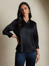 [Zwart] SilkSilky-NL 3/4 Sleeve Lapel Collar Dames Blouse 004