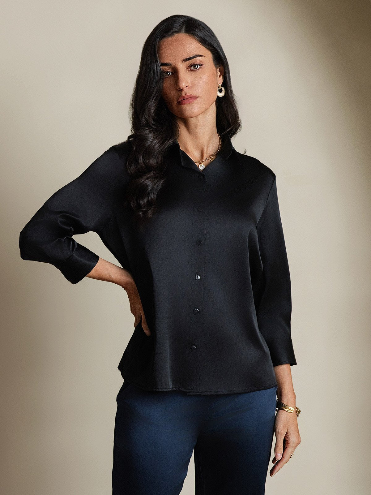 [Zwart] SilkSilky-NL 19Momme Zijde Lange Mouw Womens Shirt 004