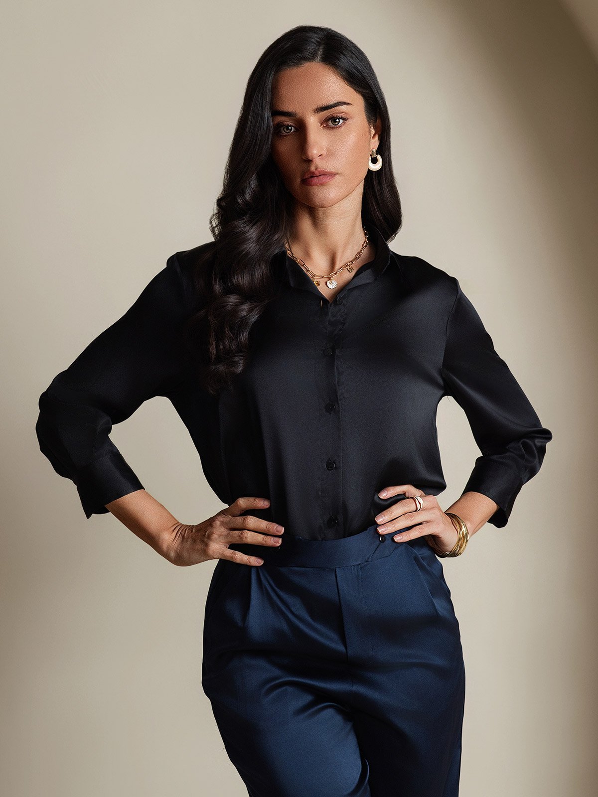 [Zwart] SilkSilky-NL 19Momme Zijde Lange Mouw Womens Shirt 005