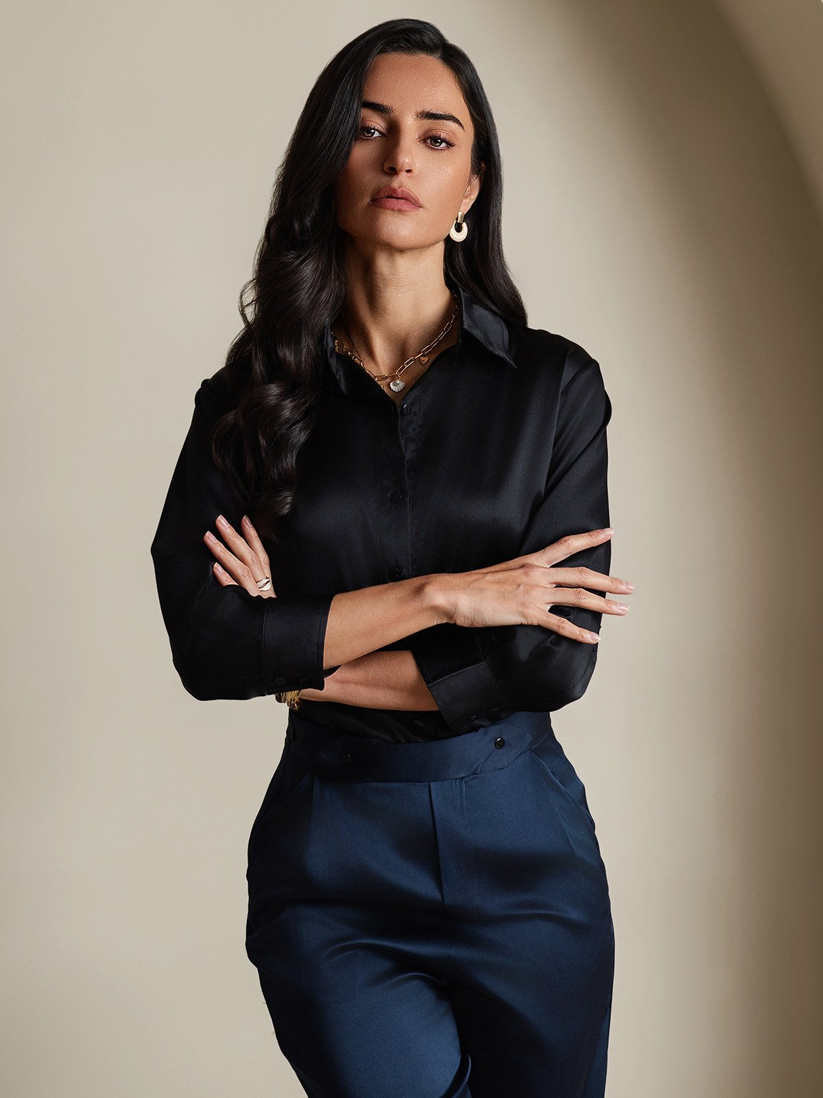 [Zwart] SilkSilky-NL 19Momme Zijde Lange Mouw Womens Shirt 006