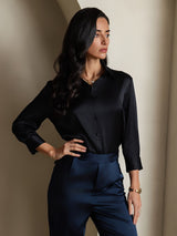 [Zwart] SilkSilky-NL 3/4 Sleeve Lapel Collar Dames Blouse 007