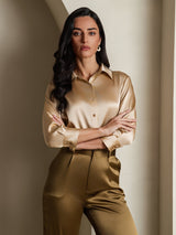[Champagne] SilkSilky-NL 3/4 Sleeve Lapel Collar Dames Blouse 001
