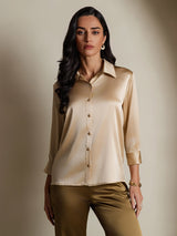 [Champagne] SilkSilky-NL 3/4 Sleeve Lapel Collar Dames Blouse 003