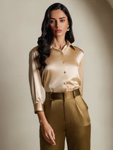 [Champagne] SilkSilky-NL 3/4 Sleeve Lapel Collar Dames Blouse 004